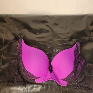 YooMee Purple Black Lace Push Up Bra 32B Padded Adjustable Nylon Spandex